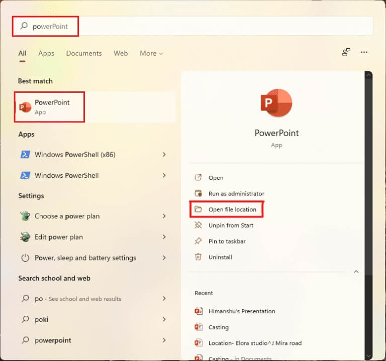 select-Open-File-location-option-in-Windows-11-search-menu-for-Powerpoint-app-768x719-1 كيفية إنشاء اختصارات سطح المكتب على Windows 11