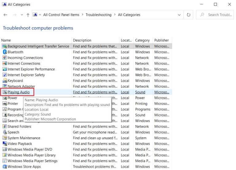select-Playing-audio-from-the-Troubleshooting-view-all-menu-768x555-1 إصلاح عدم عمل صوت Zoom في Windows 10