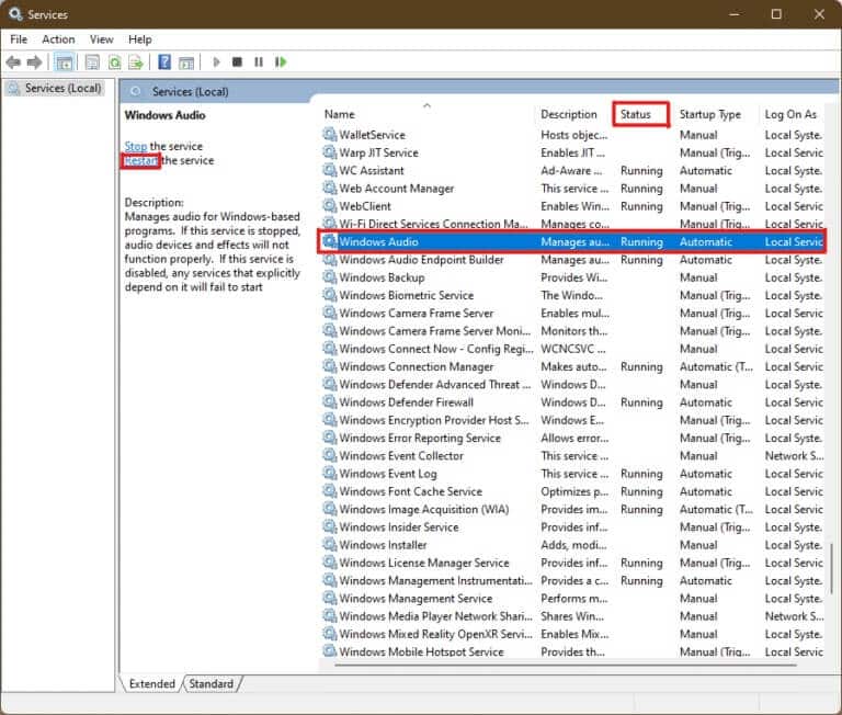 select-Windows-audio-service-and-click-on-Restart-option-in-Windows-11-services-window-768x652-1 إصلاح عدم عمل وحدة التحكم في الصوت Realtek على Windows 11