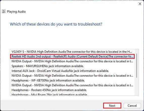 select-an-audio-device-in-the-Playing-audion-troubleshooter-and-click-on-Next-Windows-11 إصلاح عدم عمل وحدة التحكم في الصوت Realtek على Windows 11