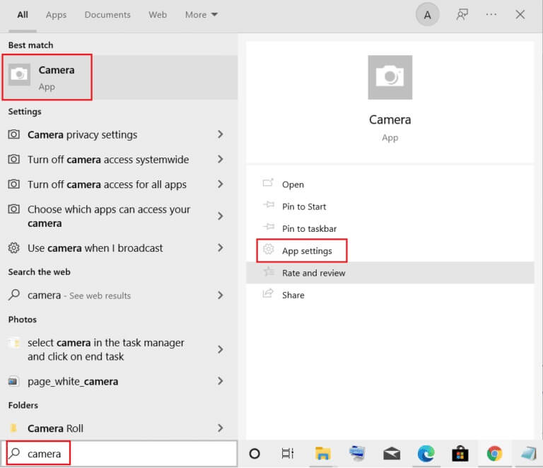 select-app-settings-in-the-Camera-app-option-in-Windows-search-menu-768x662-1 إصلاح خطأ لا توجد كاميرا متصلة 0xa00f4244
