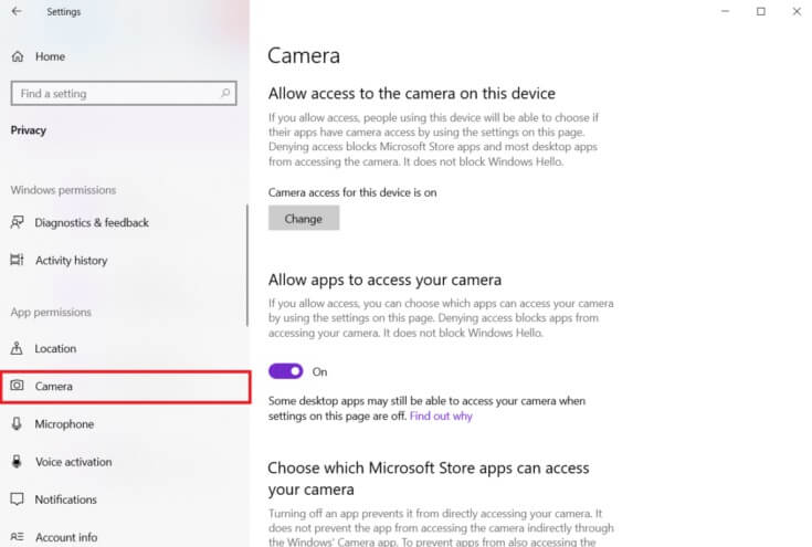 select-camera-under-app-permissions-in-the-left-pa-735x495-1 إصلاح خطأ لا توجد كاميرا متصلة 0xa00f4244