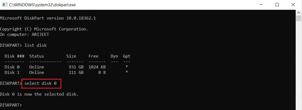 select-disk-0-command-in-the-diskpart-command-prompt-1024x376-1 إصلاح لا يمكن إنشاء قسم مساحة جديد غير مخصص على Windows 10