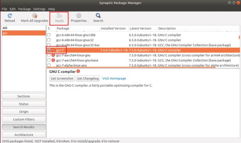 select-gcc-7-and-click-on-apply-button-in-synaptic-package-manager-Ubuntu-linux-768x457-1 كيفية تثبيت GCC على Ubuntu