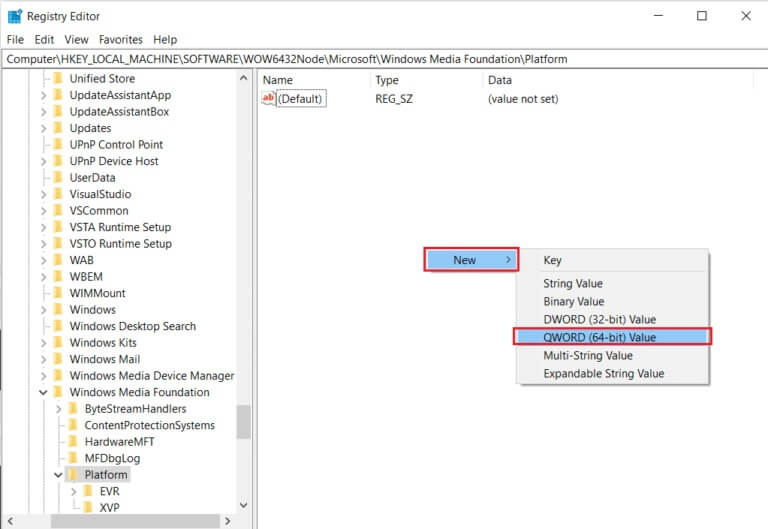 select-new-and-click-on-qword-32-bit-in-platform-key-folder-registry-editor-768x529-1 إصلاح خطأ لا توجد كاميرا متصلة 0xa00f4244
