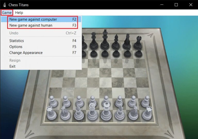 select-new-game-against-computer-or-human-in-the-game-drop-down-menu-Chess-Titans-768x537-1 كيفية لعب Chess Titans على Windows 10