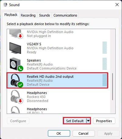 select-realtek-hd-audio-device-and-click-on-Set-default-button-in-Sound-playback-tab-Windows-11 إصلاح عدم عمل وحدة التحكم في الصوت Realtek على Windows 11