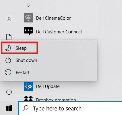 select-sleep-option- كيفية العثور على زر السكون على Windows 10