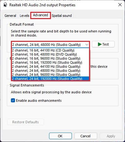 select-the-best-quality-format-in-the-Realtek-hd-audio-device-properties-advanced-tab-Windows-11 إصلاح عدم عمل وحدة التحكم في الصوت Realtek على Windows 11