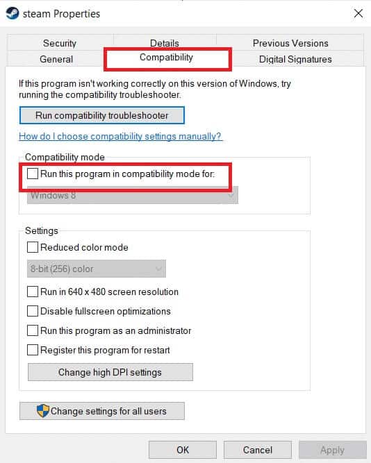 select-the-compatibility-tab-in-steam-properties-a إصلاح Steam بطيء في Windows 10