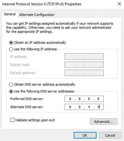select-the-icon-use-the-following-dns-server-addr إصلاح انقطاع اتصالك في Windows 10