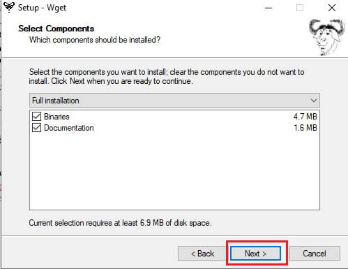 select-the-required-component-and-click-next كيفية تنزيل WGET لنظام التشغيل Windows 10 وتثبيته واستخدامه