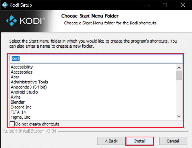 select-the-start-menu-folder-and-click-install-in-kodi-installer-window إصلاح فشل تحديث Kodi