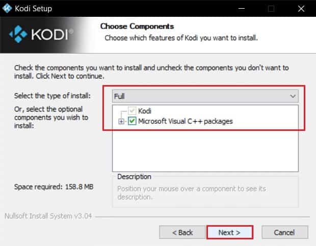 select-type-of-installation-and-click-on-next-in-kodi-installer-window إصلاح فشل تحديث Kodi