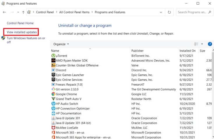 select-view-installed-updates-on-the-left-panel-735x480-1 إصلاح خطأ لا توجد كاميرا متصلة 0xa00f4244