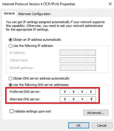 set-preferred-dns-server-and-alternate-dns-server إصلاح عدم عمل Twitch على Chrome