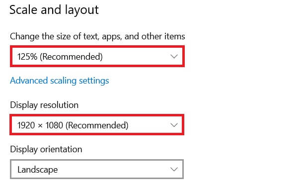set-the-recommended-options-in-display-resolution- إصلاح عدم اتصال جهاز الكمبيوتر الذي يعمل بنظام Windows بالتلفزيون