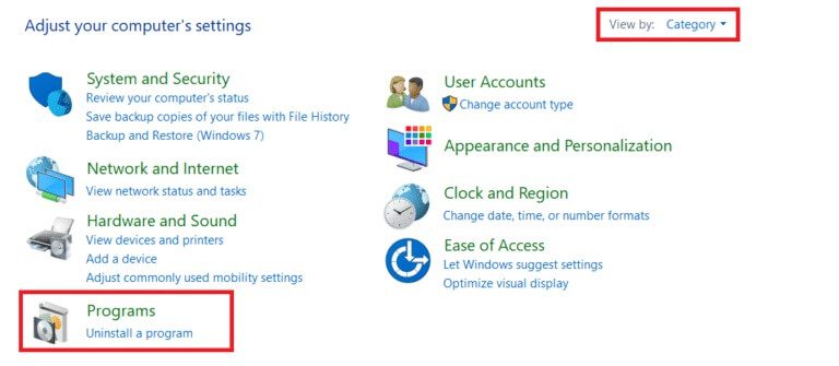 set-the-view-by-as-category-and-click-uninstall-a-768x335-1 إصلاح خطأ تطبيق معرف الحدث 1000 في نظام التشغيل Windows 10