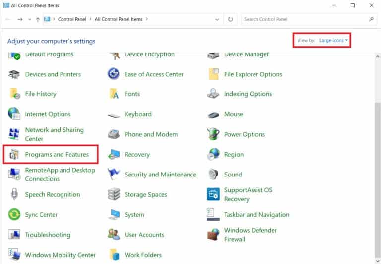 set-view-by-as-large-icons-and-select-programs-and-768x531-1 إصلاح خطأ المعالج غير صالح في نظام التشغيل Windows 10