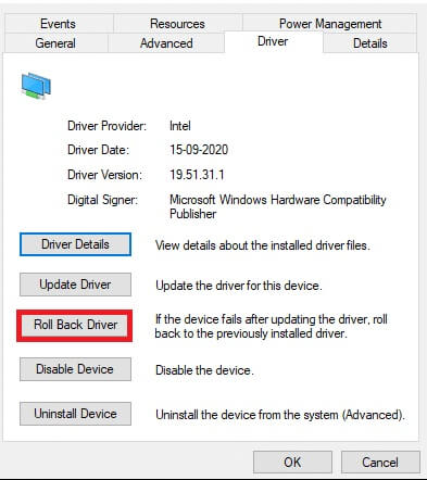 switch-to-the-driver-tab-and-select-roll-back-driv-7 إصلاح خطأ المعالج غير صالح في نظام التشغيل Windows 10