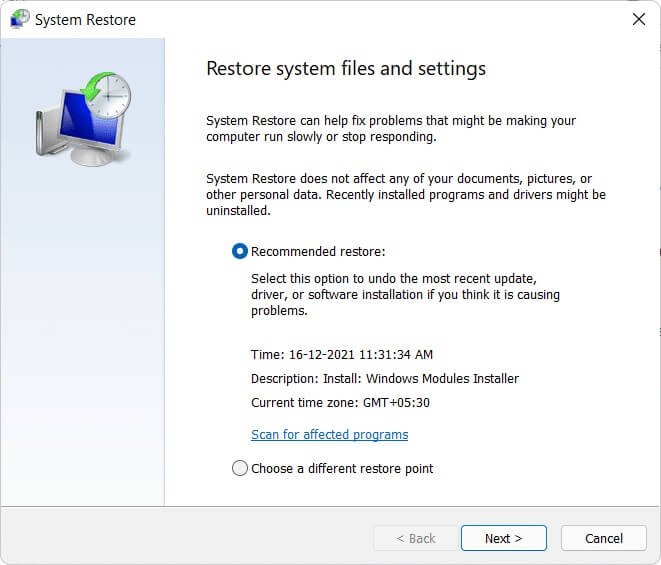 system-restore-dialog-box إصلاح عدم عمل وحدة التحكم في الصوت Realtek على Windows 11