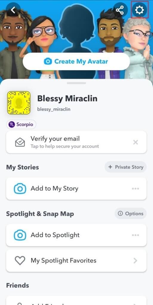 tap-on-the-settings-gear-icon-at-the-top-right-cor-513x1024-1 إصلاح عدم تحميل القصص على Snapchat