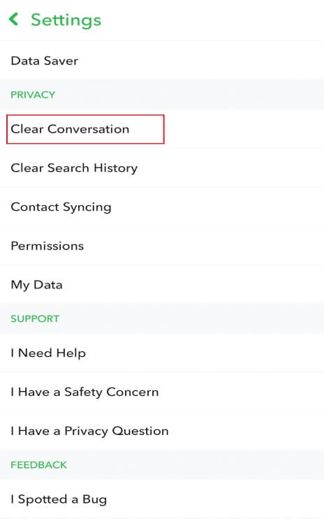tap-the-clear-conversation-option-on-the-snapchat إصلاح عدم تحميل القصص على Snapchat