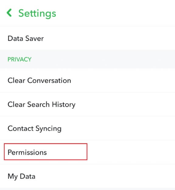 tap-the-permissions-option-on-the-snapchat-setting إصلاح عدم تحميل القصص على Snapchat