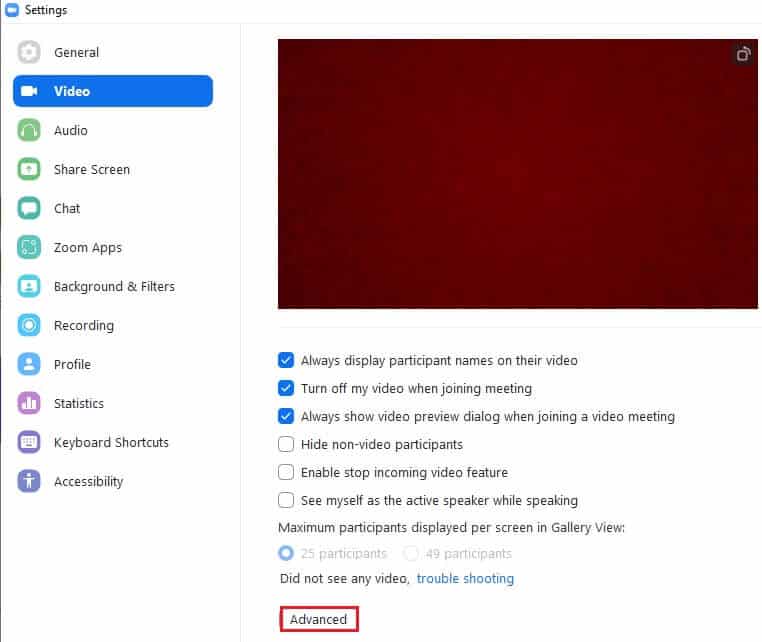 then-click-on-advanced إصلاح عدم قدرة Zoom على اكتشاف الكاميرا