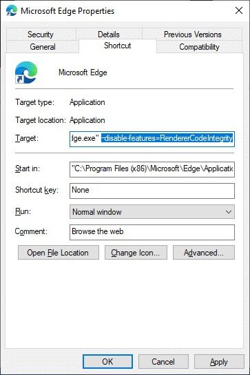 then-in-the-shortcut-tab-add-a-space-and-type-th-1-1 إصلاح STATUS ACCESS VIOLATION في Chrome