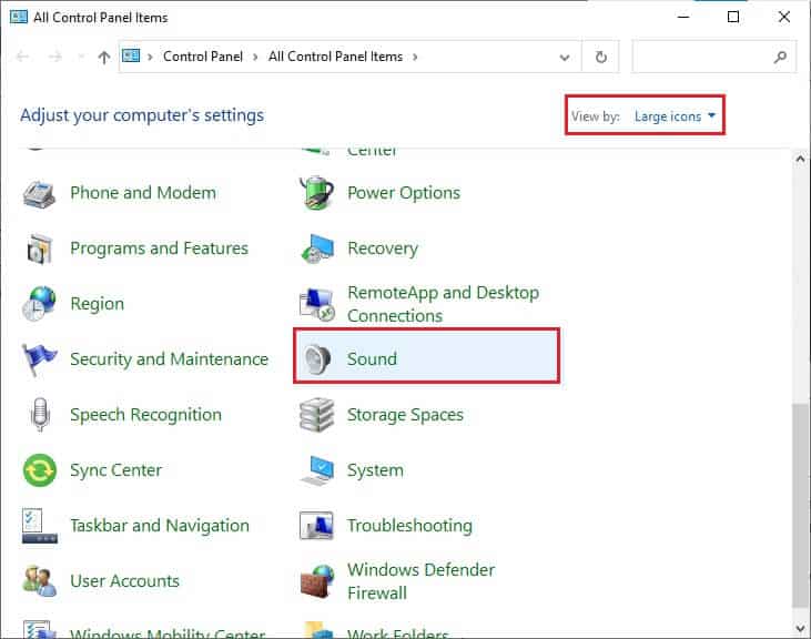 then-set-the-view-by-option-to-large-icons-and-c إصلاح عدم عمل صوت Zoom في Windows 10