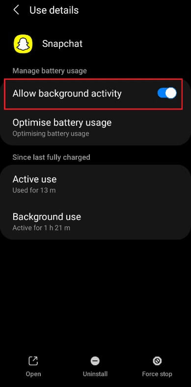 toggle-on-the-allow-background-activity-of-snapcha إصلاح عدم تحميل القصص على Snapchat