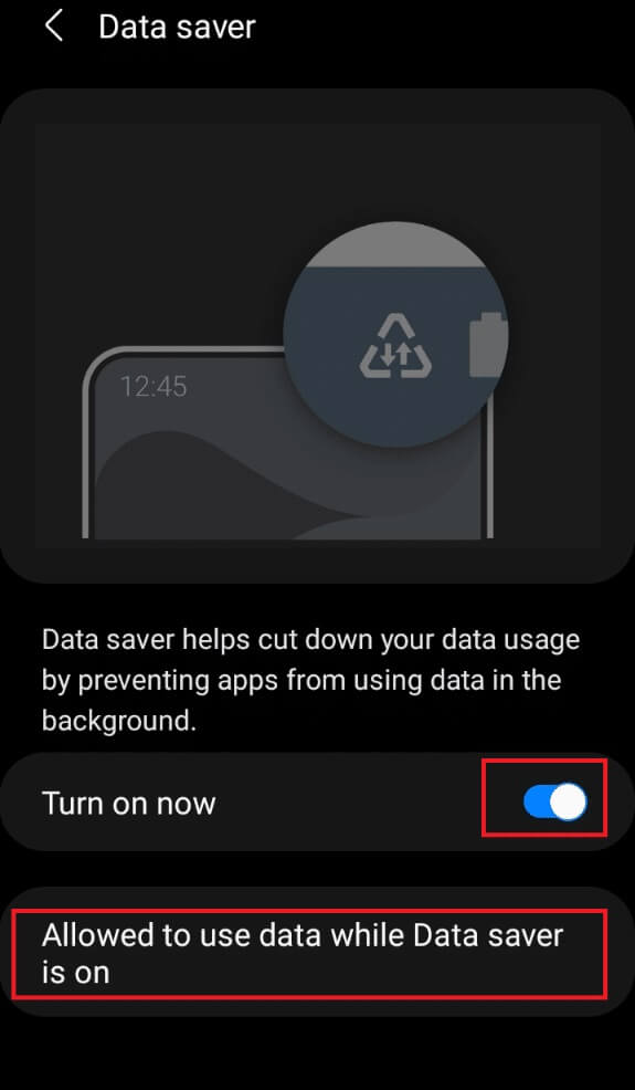 toggle-on-the-turn-on-now-option-for-data-saver-an إصلاح عدم تحميل القصص على Snapchat