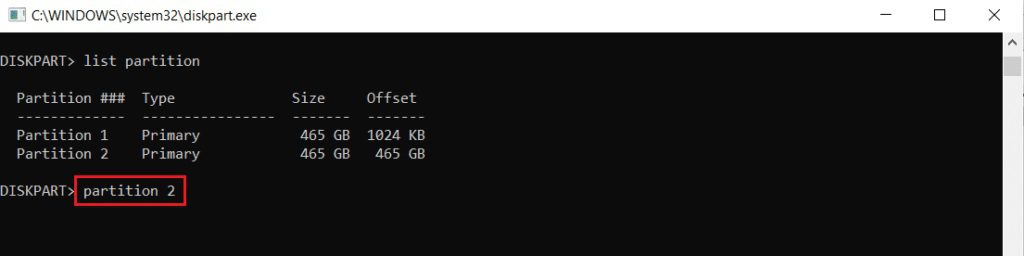 type-partition-2-command-in-diskpart-command-prompt-or-cmd-1024x256-1 إصلاح لا يمكن إنشاء قسم مساحة جديد غير مخصص على Windows 10