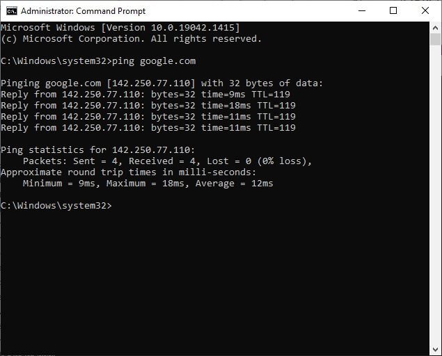 type-ping-google-com-and-hit-enter إصلاح ERR_EMPTY_RESPONSE على Windows 10