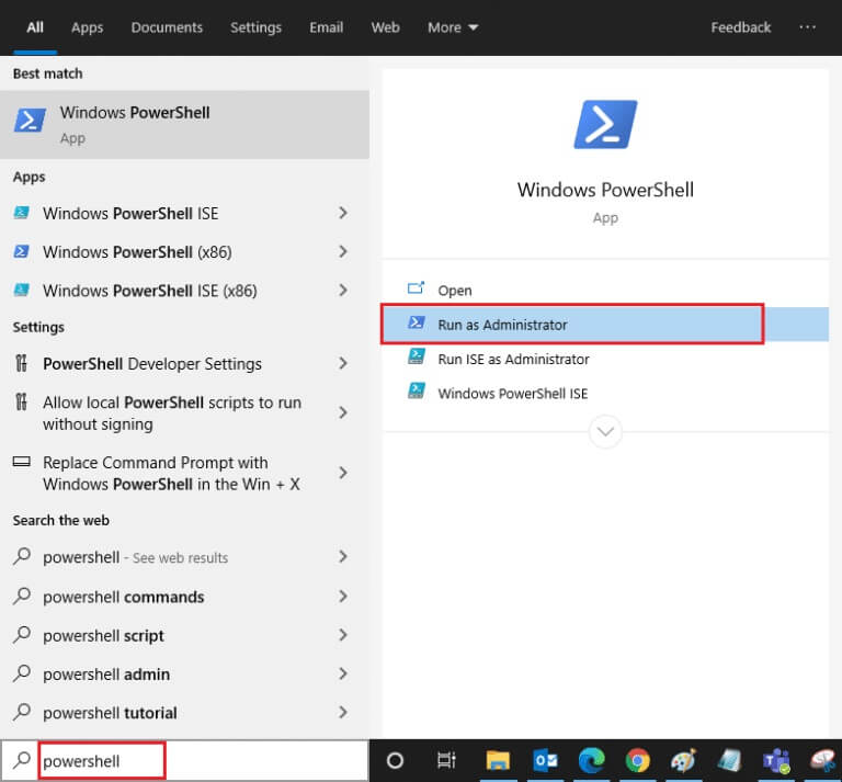 type-powershell-in-the-search-bar-and-click-on-run-768x713-1 إصلاح عدم قدرة Zoom على اكتشاف الكاميرا