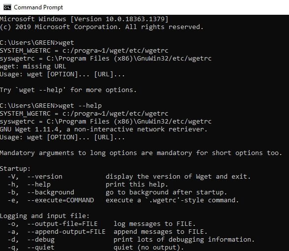 type-wget-and-help-commands-to-test-its-functionin كيفية تنزيل WGET لنظام التشغيل Windows 10 وتثبيته واستخدامه