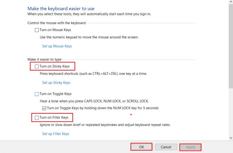 uncheck-Turn-on-Sticky-keys-and-Turn-On-Filter-keys-options-in-Make-the-keyboard-easier-to-use-settings-768x505-1 كيفية إصلاح تعطيل مفتاح Windows