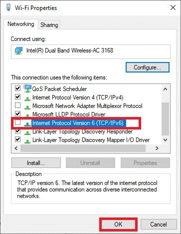 uncheck-the-internet-protocol-version-6tcp-ipv6 إصلاح انقطاع اتصالك في Windows 10