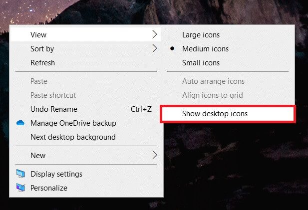 uncheck-the-option-show-desktop-icons- كيفية إنشاء سطح مكتب مبسط على Windows 10