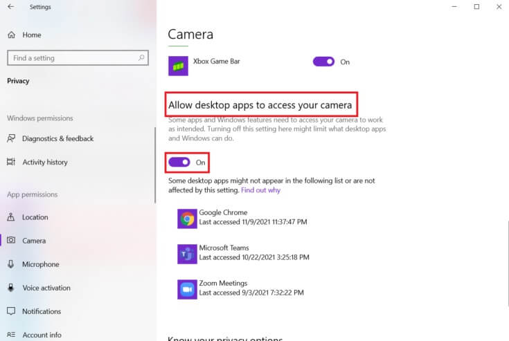 under-allow-desktop-apps-to-access-your-camera-and-735x493-1 إصلاح خطأ لا توجد كاميرا متصلة 0xa00f4244