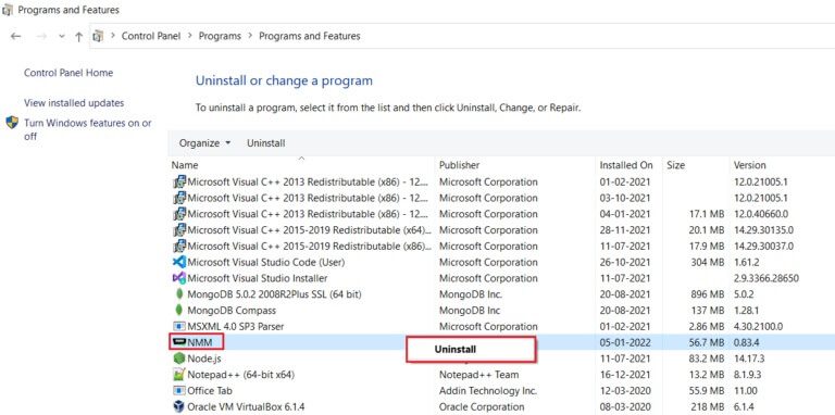 uninstall-Nexus-Mode-Manager-NXM-from-programs-and-features-768x382-1 إصلاح خطأ الخدمة 1053 على Windows 10
