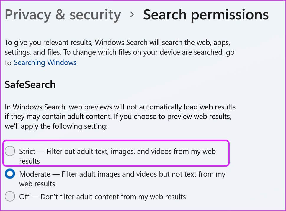 use-strict-filter-Disable-Web-Search-Results-from-Start-Menu-in-Windows-11 كيفية تعطيل نتائج بحث الويب من قائمة ابدأ في Windows 11
