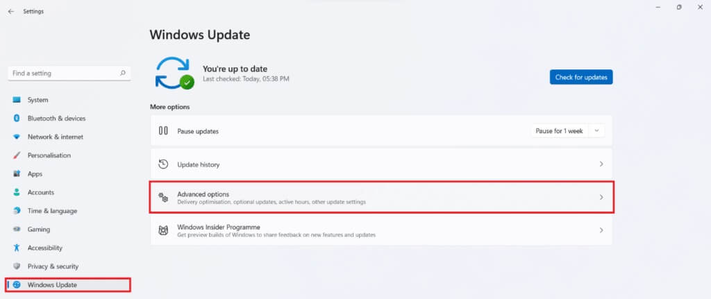 windows-update-section-in-the-settings-app-1024x431-1 إصلاح عدم عمل وحدة التحكم في الصوت Realtek على Windows 11