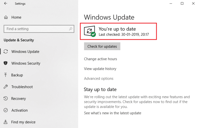windows-update-youre-up-to-date-message-768x495-1 إصلاح خطأ فشل تحديث المشغل Warframe
