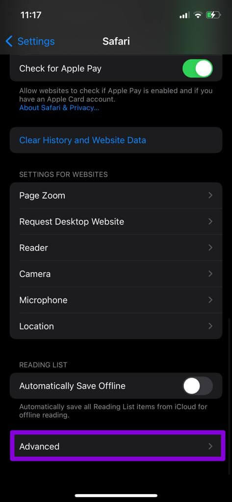 Advanced-Safari-Settings-iPhone-1 أفضل 8 طرق لإصلاح عدم تشغيل Safari لمقاطع الفيديو على iPhone