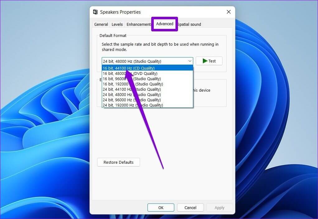 Change-Audio-Playback-Settings-on-Windows-11 أفضل 7 طرق لإصلاح عدم تشغيل مقاطع الفيديو على Windows 11