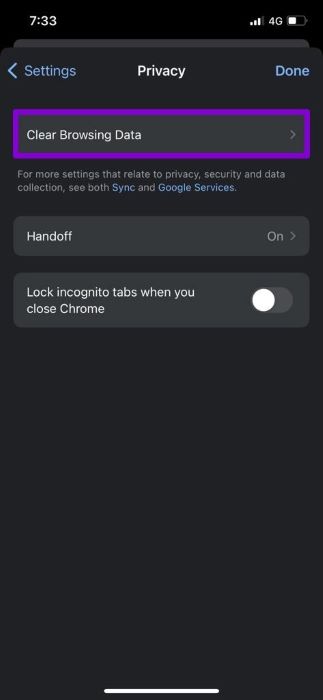 Clear-Browsing-Data-Chrome أفضل 7 طرق لإصلاح عدم عمل Google Chrome على iPhone