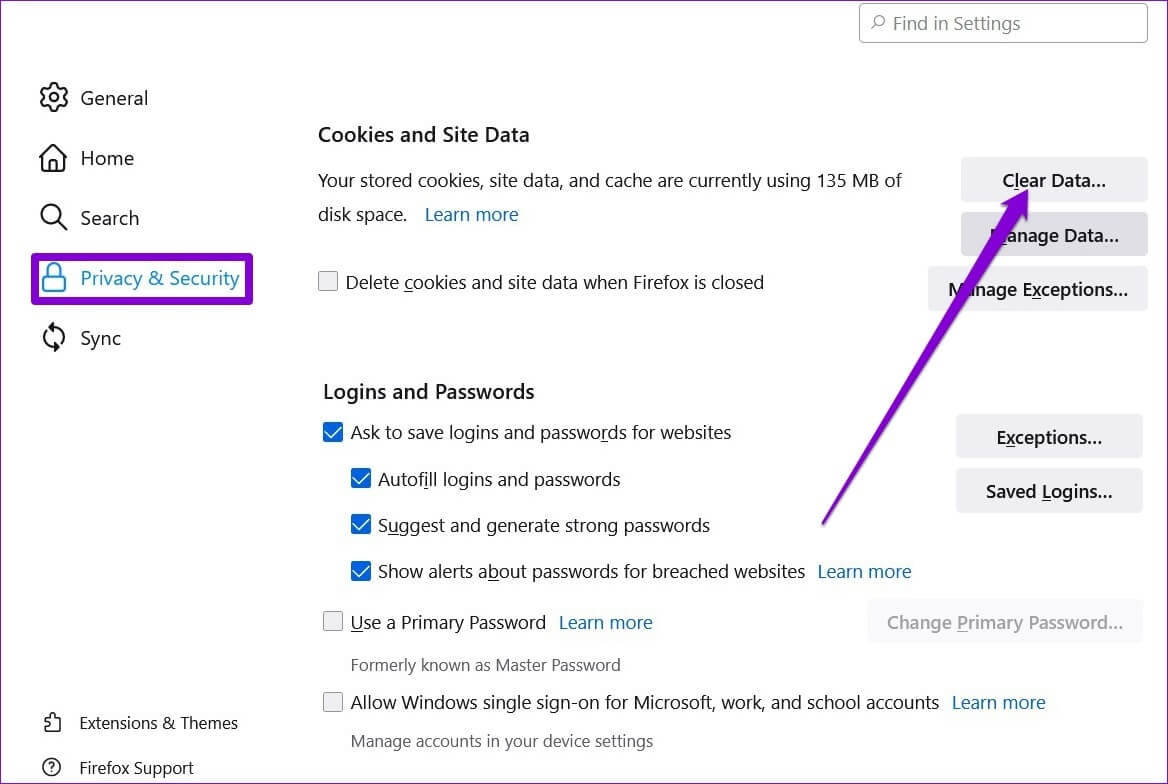 Clear-Browsing-Data-Firefox أهم 7 طرق لإصلاح عدم تشغيل مقاطع الفيديو على Firefox