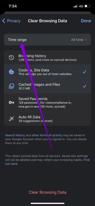 Clear-Browsing-Data-in-Chrome-for-iOS أفضل 7 طرق لإصلاح عدم عمل Google Chrome على iPhone